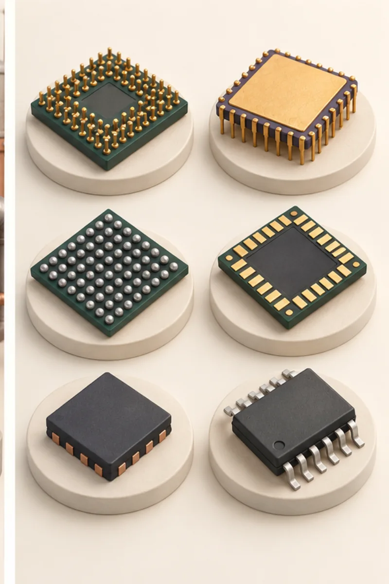 半導体パッケージの端子形状：PGA、CPGA、BGA、LGA、QFN、SOPの模式図