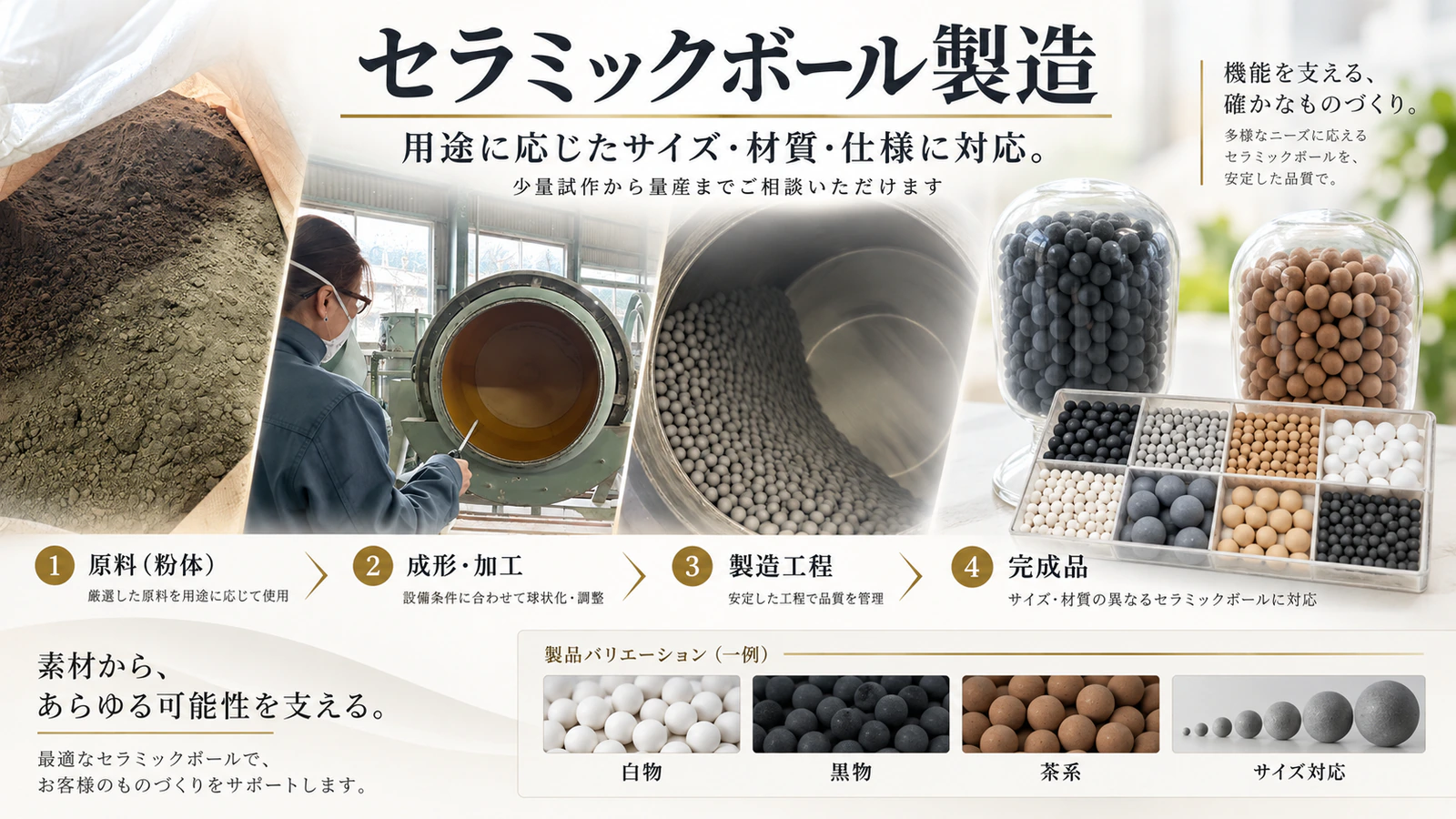 セラミックボール製造。原料から成形・加工、製造工程を経て完成品に至る流れと、白物・黒物・茶系などの製品バリエーション