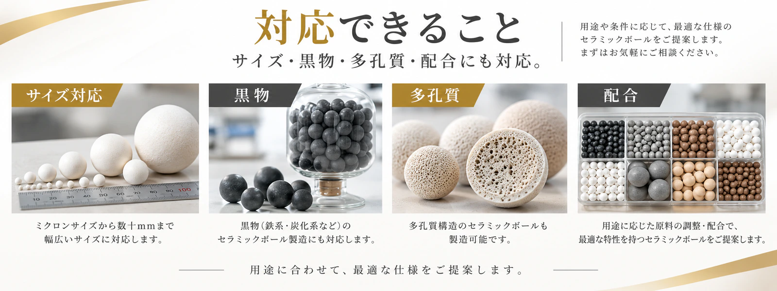 サイズ対応、黒物、多孔質、配合という4つの対応範囲を示したイメージ