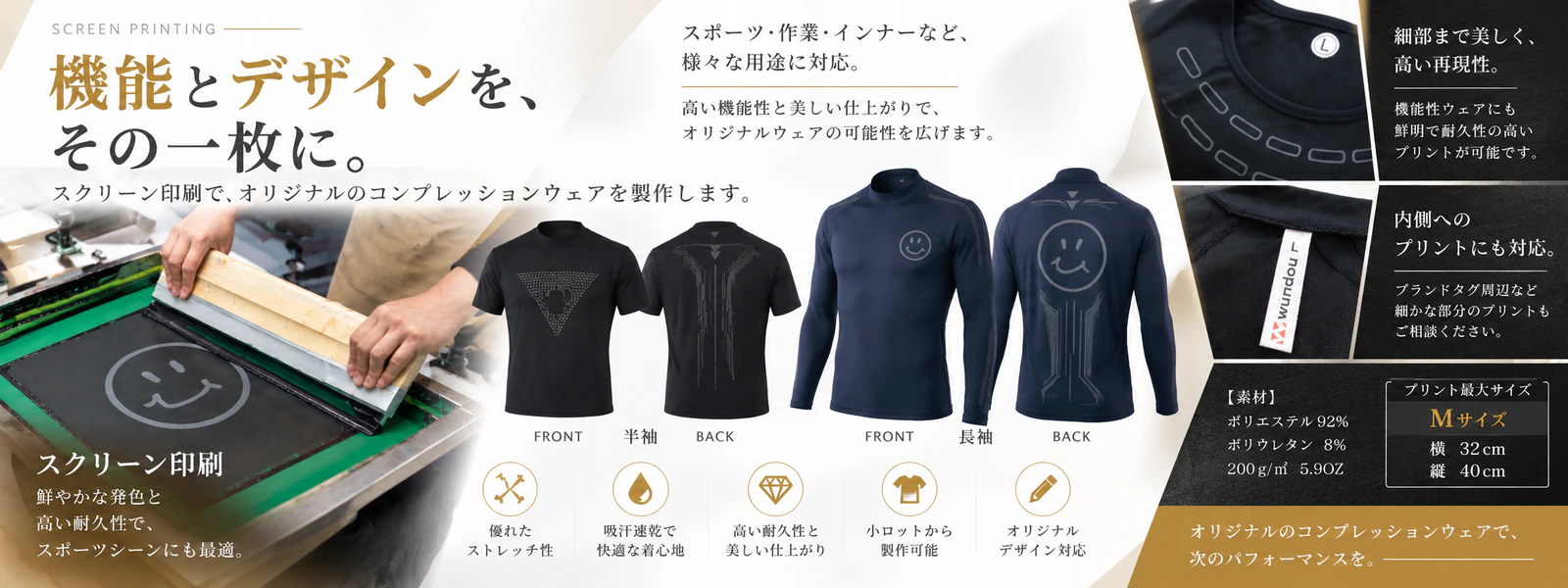 高ストレッチ、吸汗速乾、高い耐久性、小ロットからの製作対応といった特徴を示したイメージ