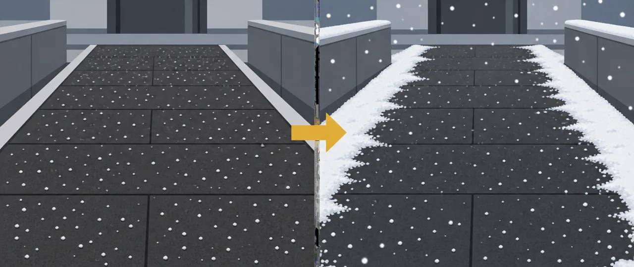 左は降雪前に粒状の融雪剤を散布した通路、右は雪が降り始めた同じ通路を示す図