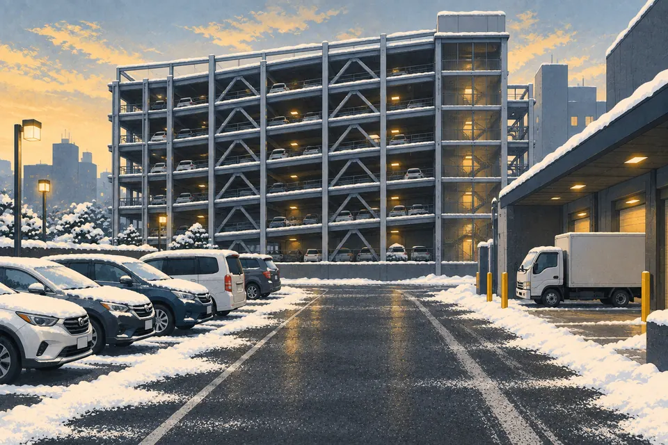 冬の立体駐車場と車両拠点、雪の中で車の通路を確保したイメージ図