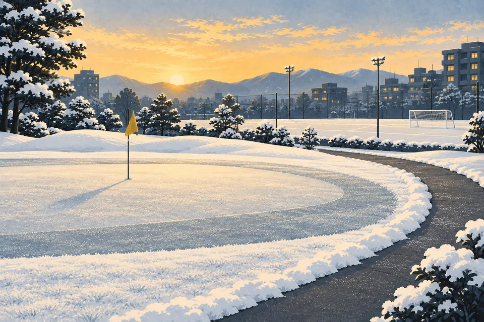 冬のゴルフ場とグラウンド、霜や雪が残るコースと通路のイメージ図