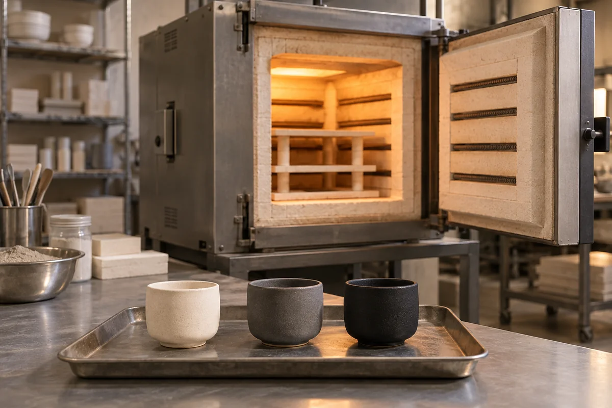 電気炉の扉を開けた前に、焼成前後の器が並ぶ作業台